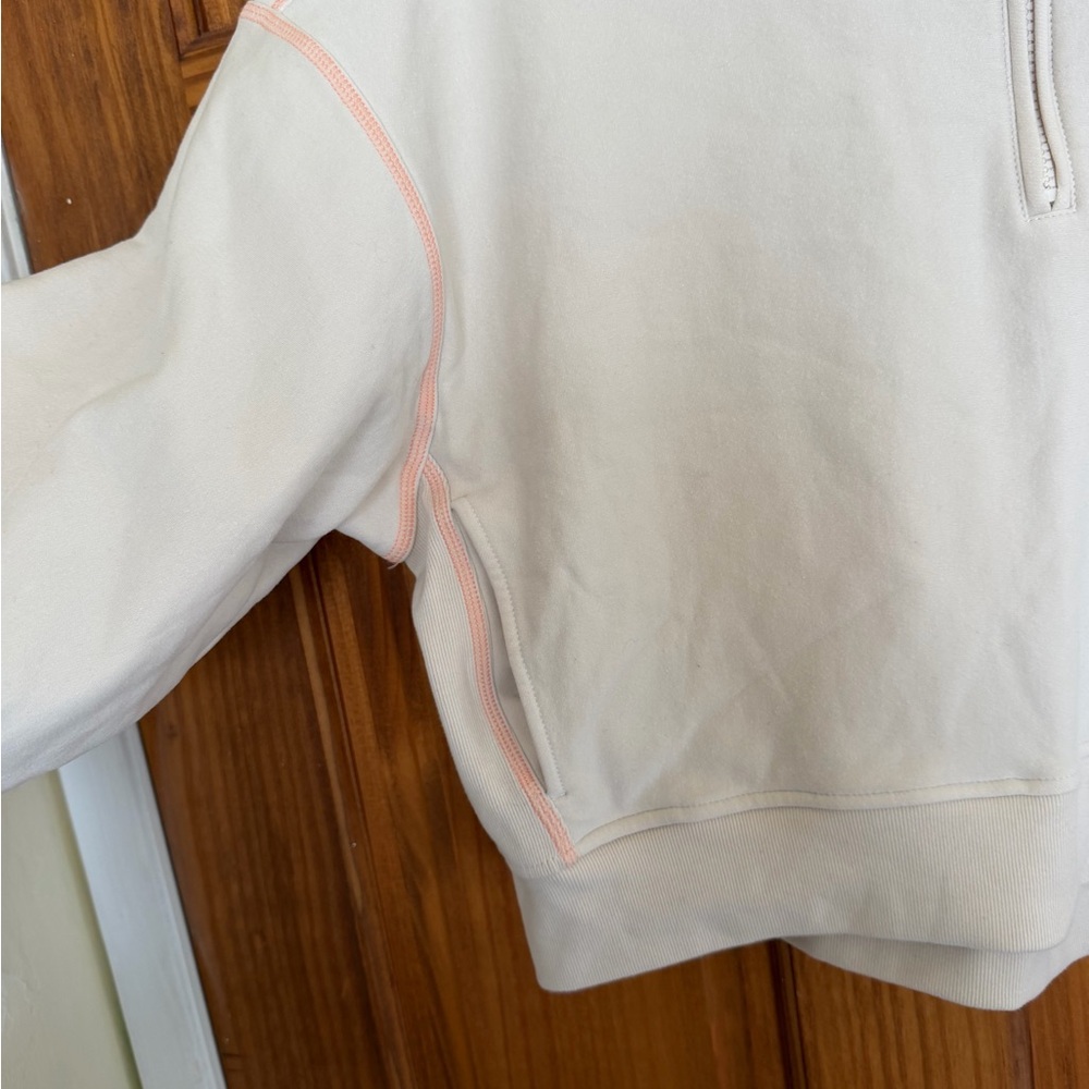Athleta Cream Quarter-Zip cropped Pullover with Peach Stitching - Picture 3 of 9